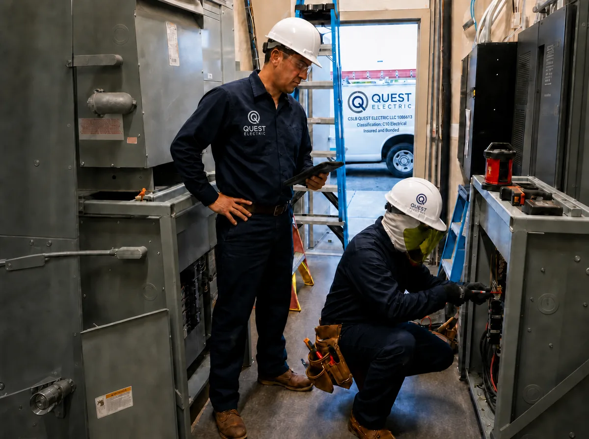Quest Electric licensed electricians working on commercial electrical equipment